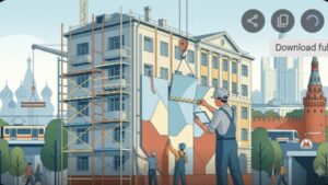 Современная иллюстрация процесса реновации фасадов зданий в Москве для статьи о монтаже систем
